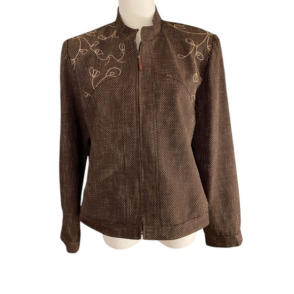 Sag Harbor Petite Brown Gold Embroidered Zip Up Jacket Size 12P Woven Texture - Picture 12 of 12